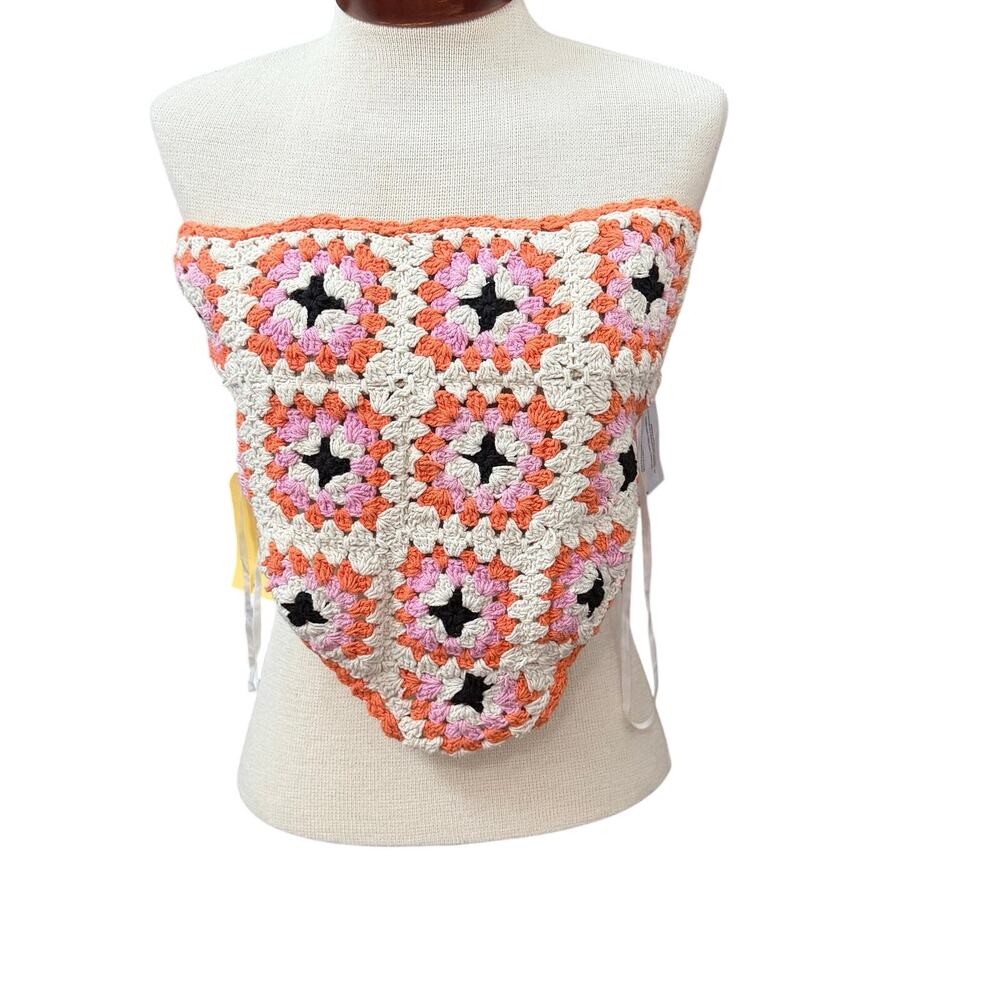 BOG Collective Womens Large Granny Square Crochet Strapless Top Boho Festival
